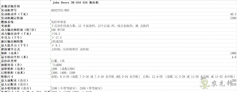 3B-554拖拉機詳細參數(shù) 智能化農(nóng)機設(shè)備_約翰迪爾